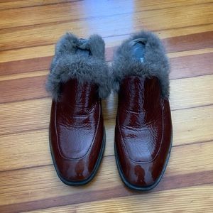 Laura Bellariva Patent Leader Slides w/ Fur Trim